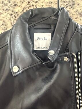 Bershka Black Faux Leather Moto Jacket with Silver Hardware